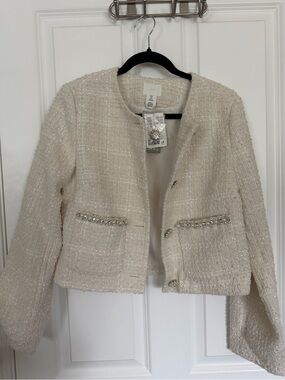 H&M Cream Tweed Cropped Jewel-Trim Jacket